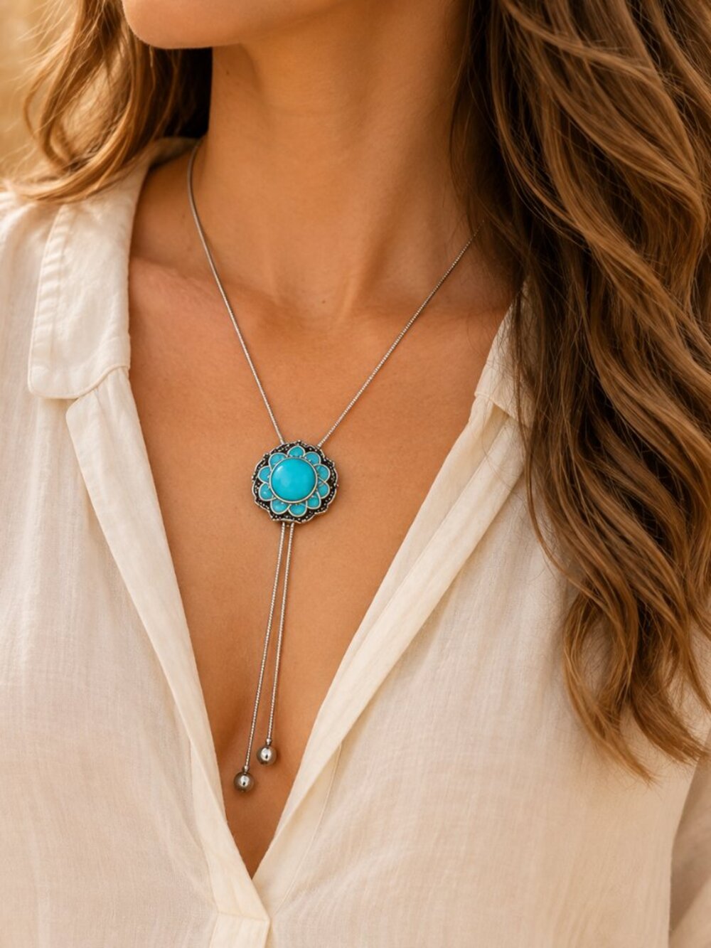 Silver Snap Lariat Necklace Turquoise Blue Rhinestone Interchangeable